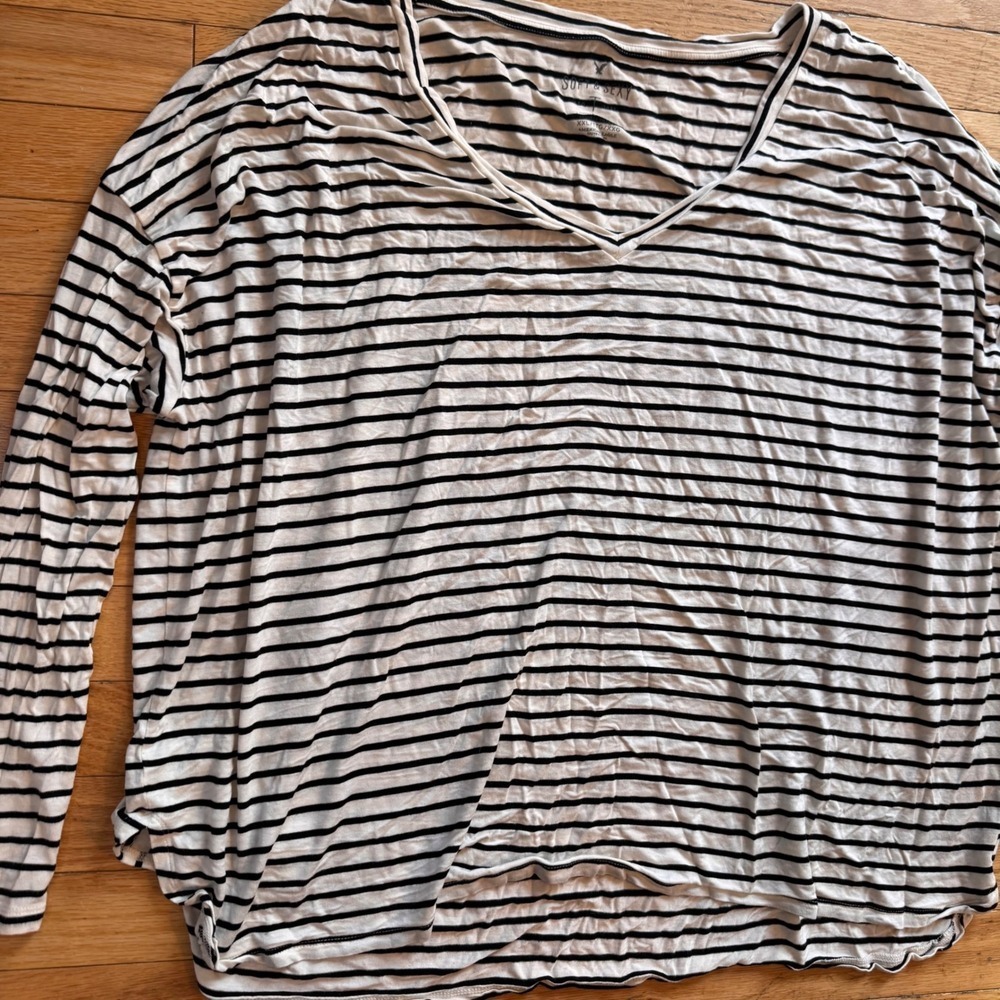 American Eagle Soft‎ & Sexy Striped V-Neck Long Sleeve Top XXL Black White